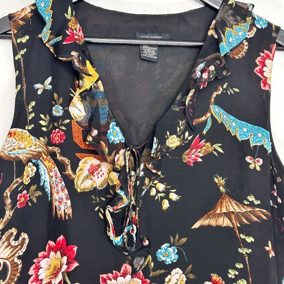 Anne Carson Silk Black Floral Ruffle Sequin Front Tie Sleeveless Blouse M - Picture 7 of 8